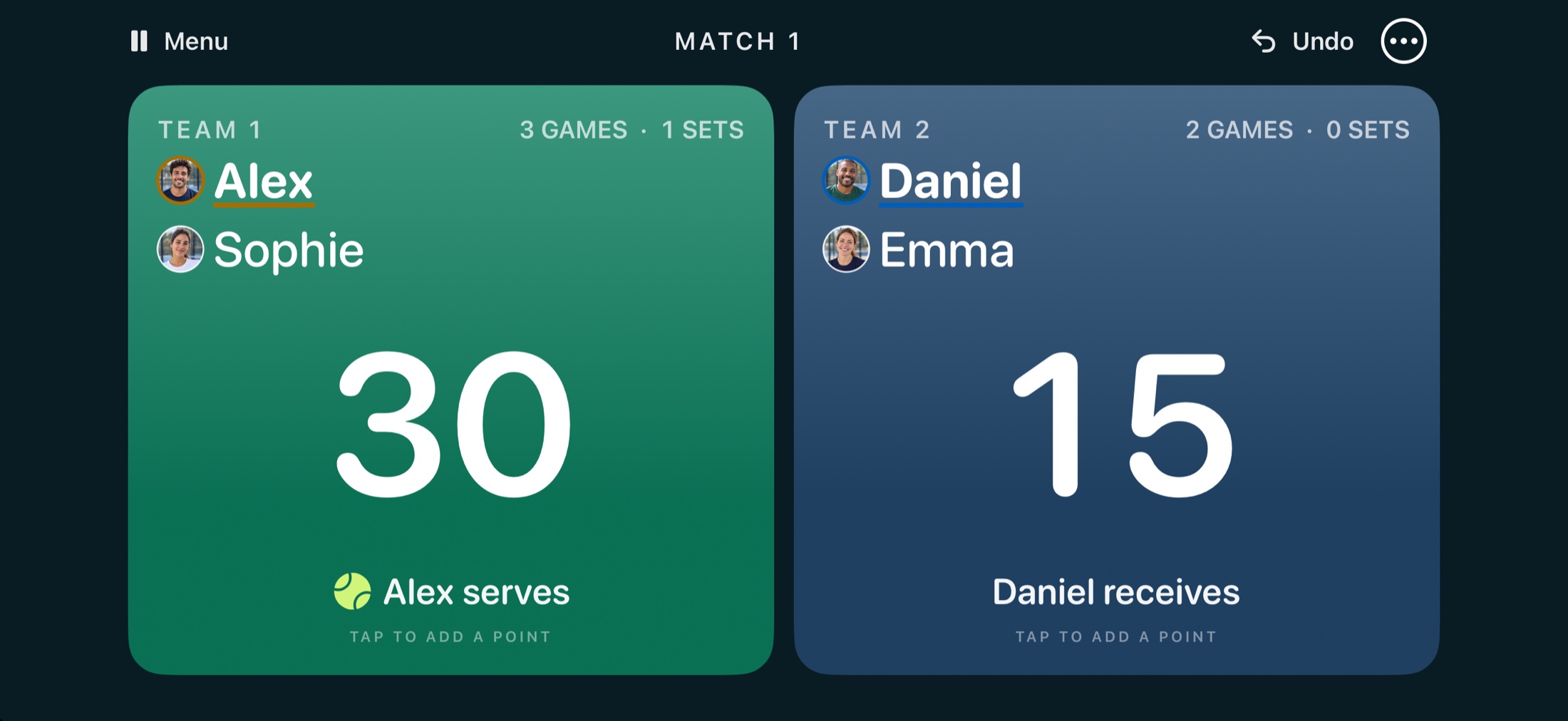 Nester Play landscape scoreboard: Alex and Sophie against Daniel and Emma, 30–15 points, 3–2 games, with the server highlighted